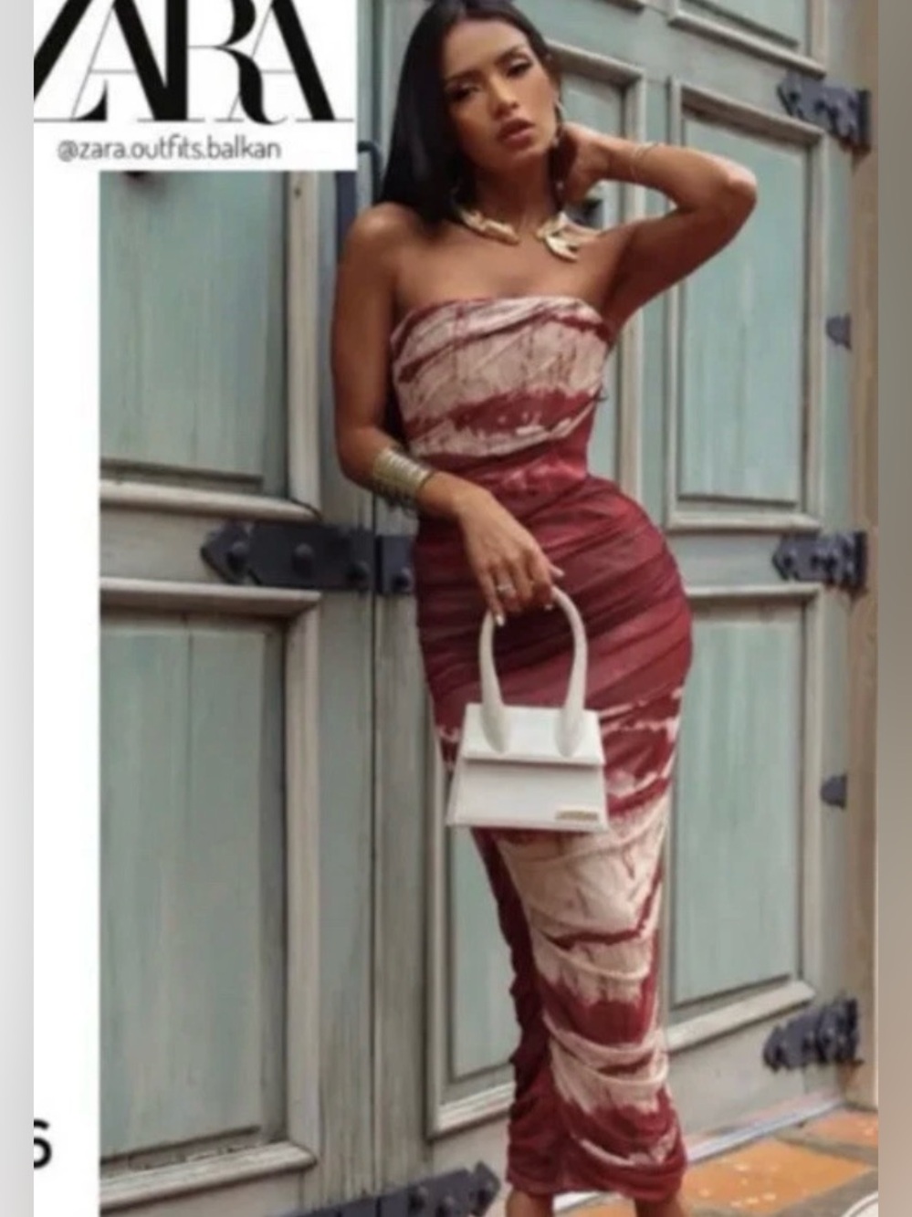 Zara Strapless Ruched Midi Dress in Burgundy and Cream Tie-Dye nwt 69.00